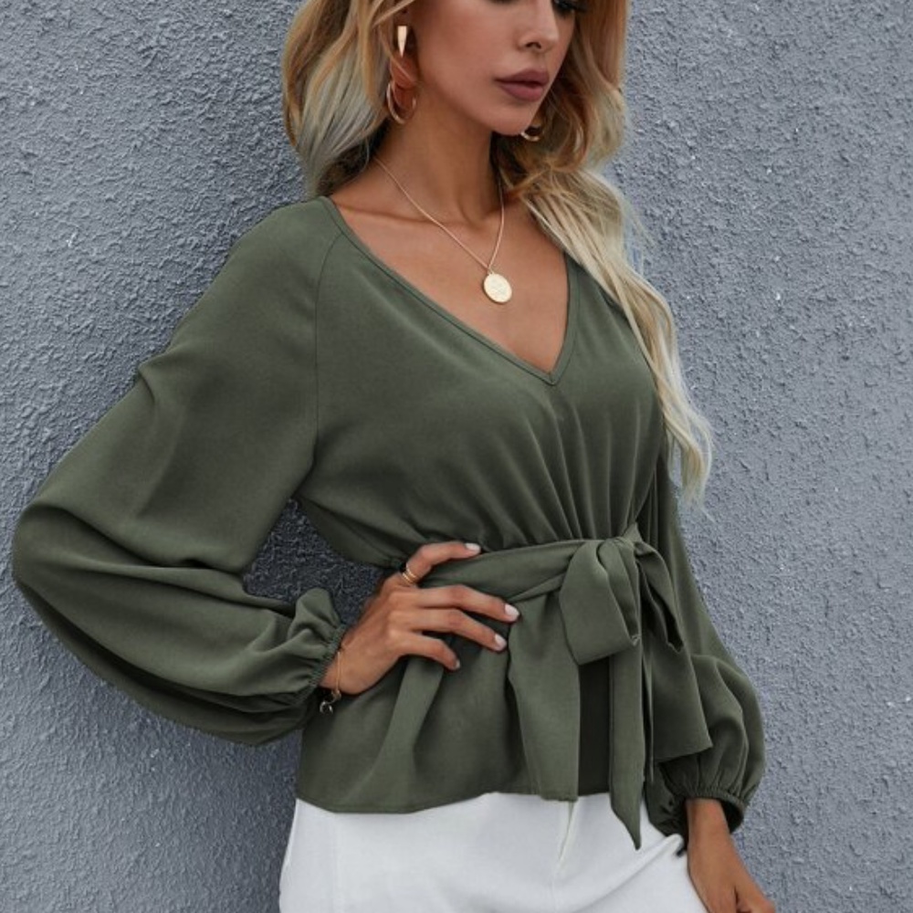 Solid v neck Long Sleeve Peplum Blouse - Picture 2 of 5